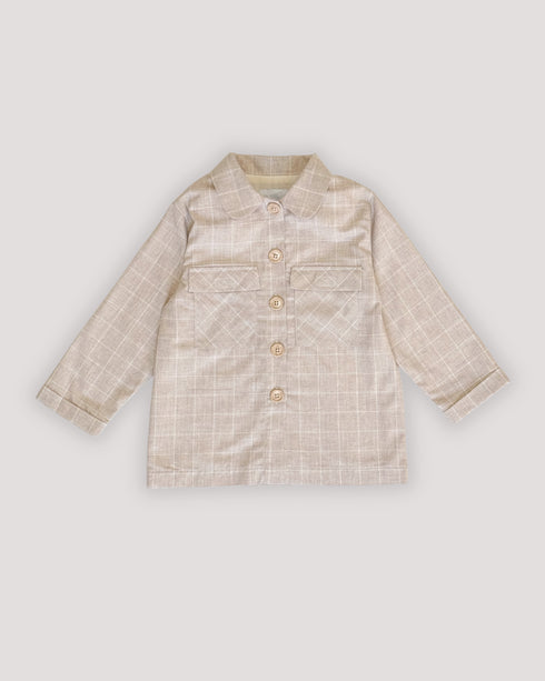 CHAQUETA CUADROS BEIGE CUELLO REDONDO Y BOLSILLOS